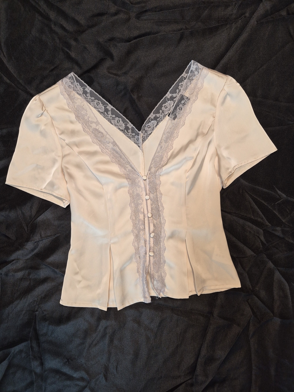 Ivory Satin Lace Trim Button-Front Blouse - Picture 1 of 7